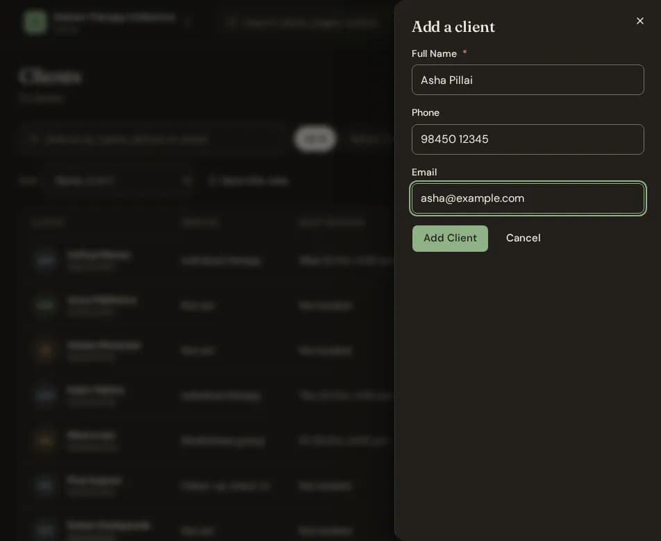 The "Add a client" form with full name, phone and email