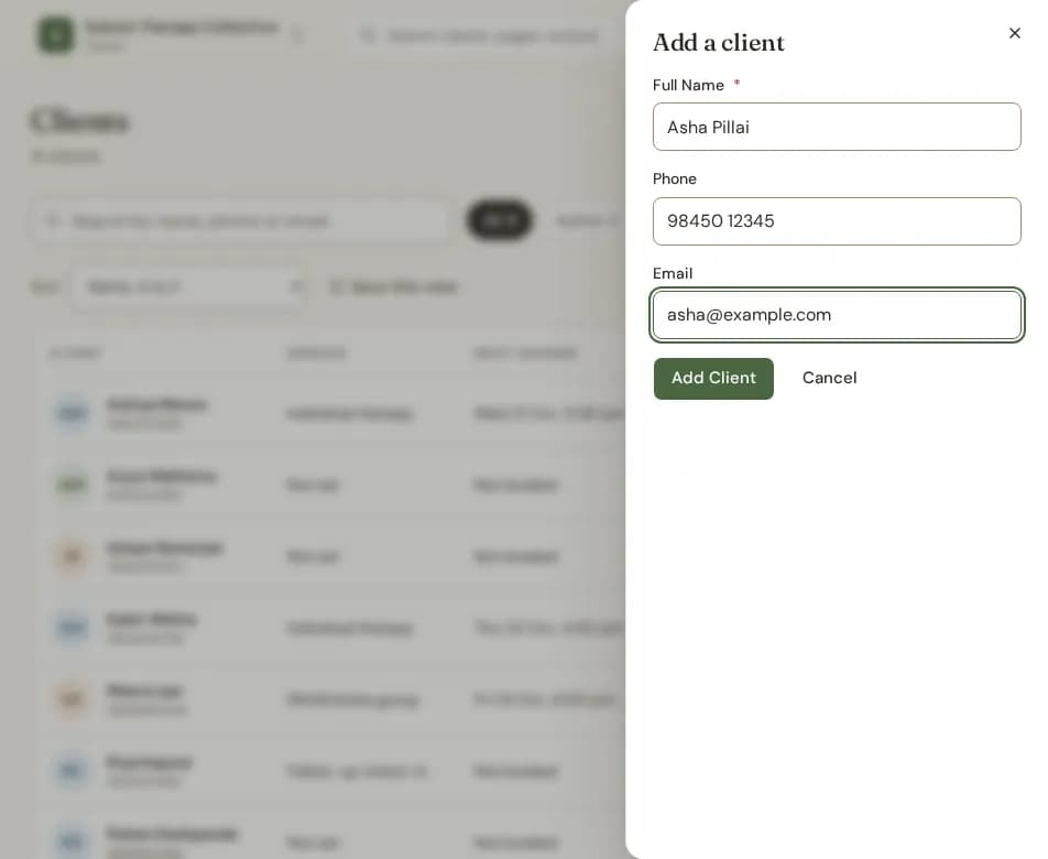 The "Add a client" form with full name, phone and email