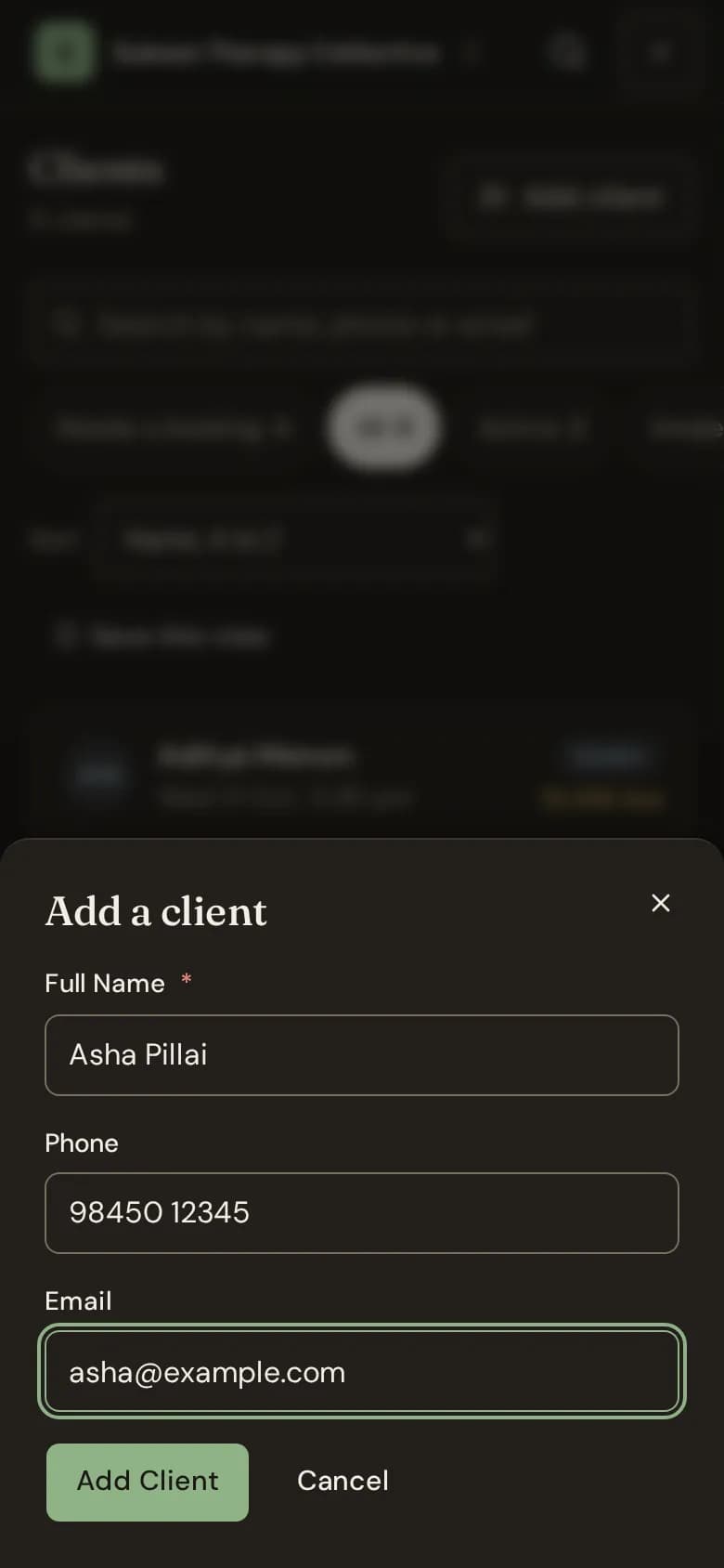 The "Add a client" form with full name, phone and email