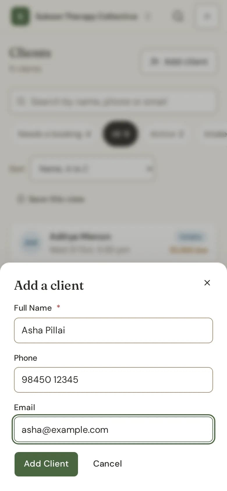 The "Add a client" form with full name, phone and email