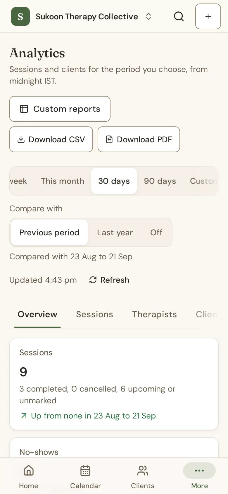 Analytics with a period chosen and a comparison with the previous period