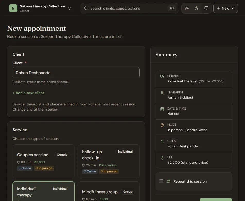 The booking form with the client, service, therapist, time and place, and the summary
