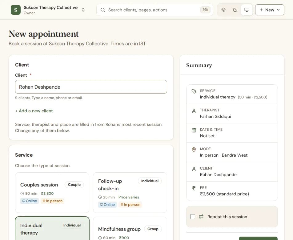 The booking form with the client, service, therapist, time and place, and the summary