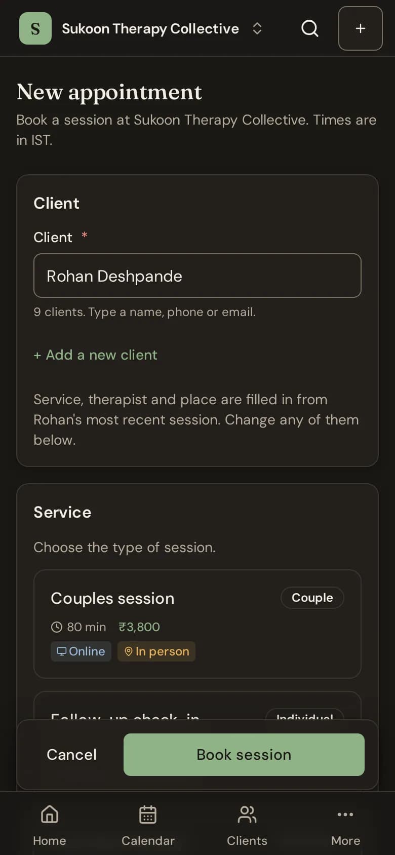 The booking form with the client, service, therapist, time and place, and the summary