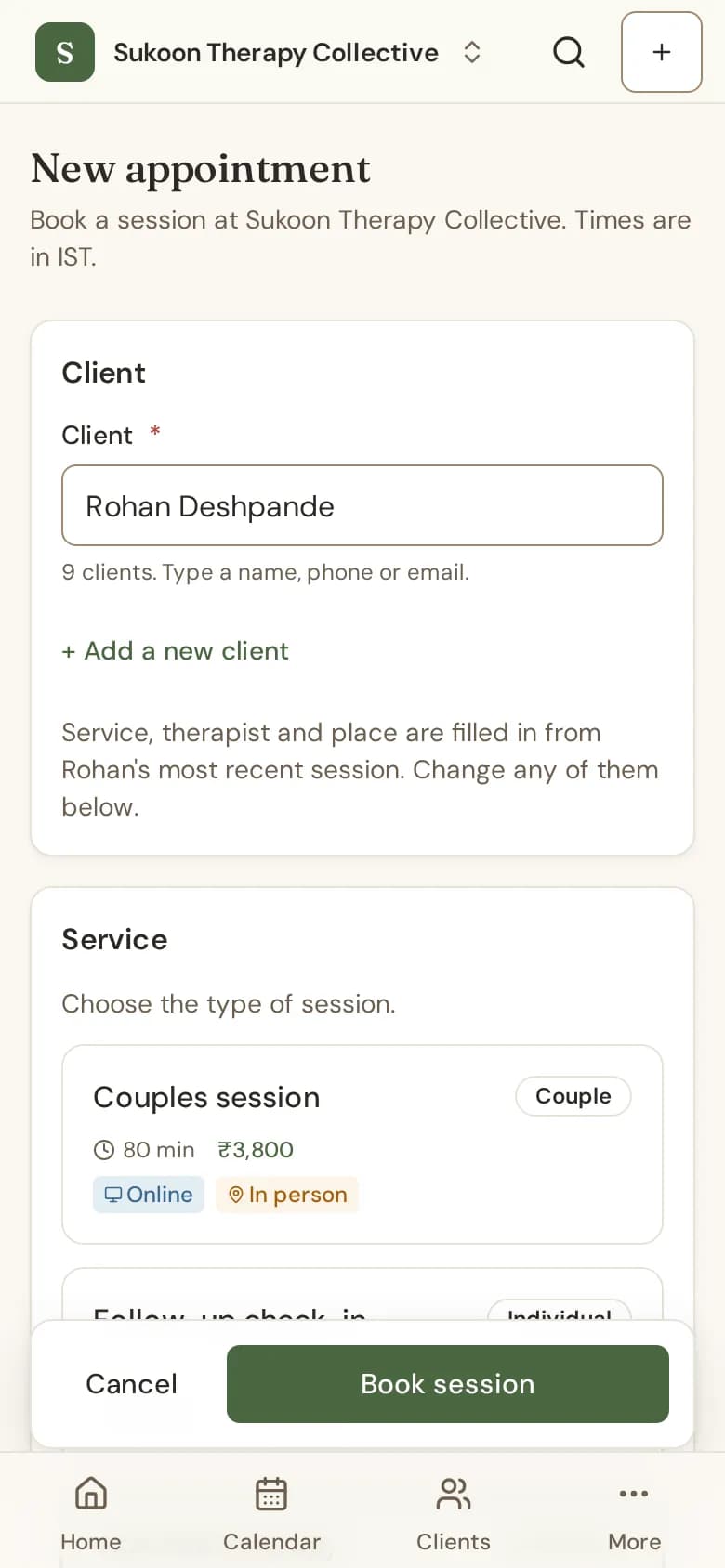 The booking form with the client, service, therapist, time and place, and the summary