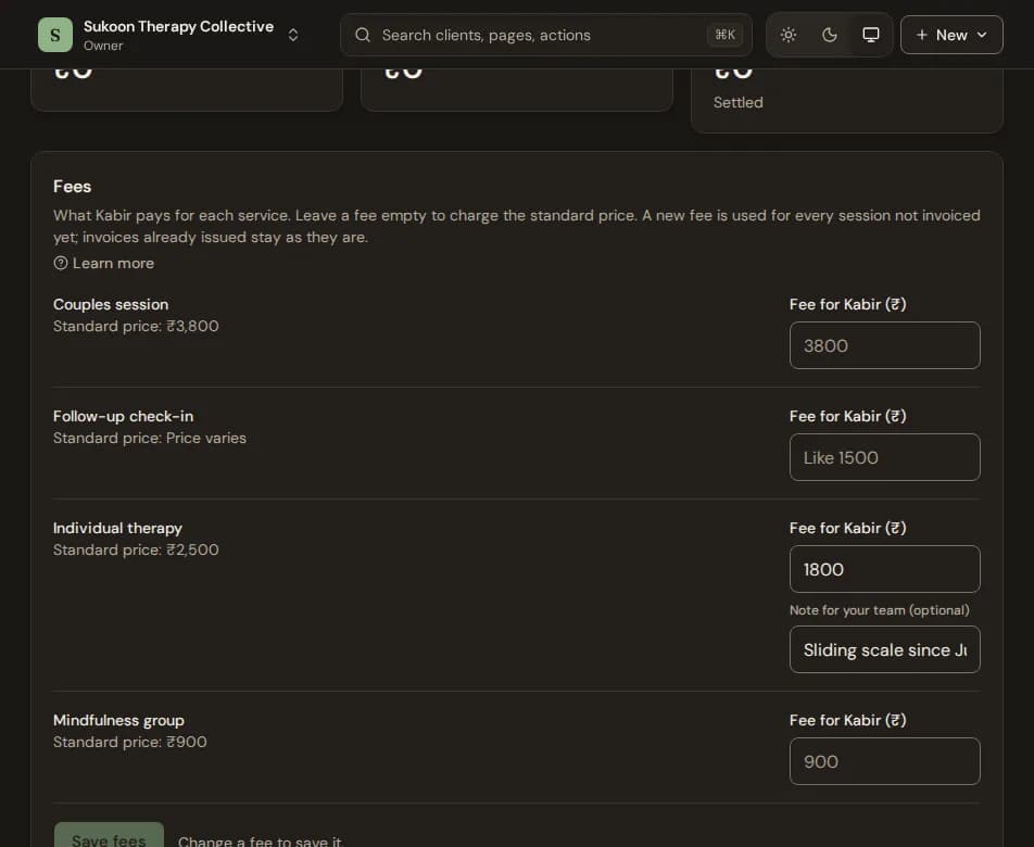 The Fees card on a client's Billing tab, with a fee typed for one service