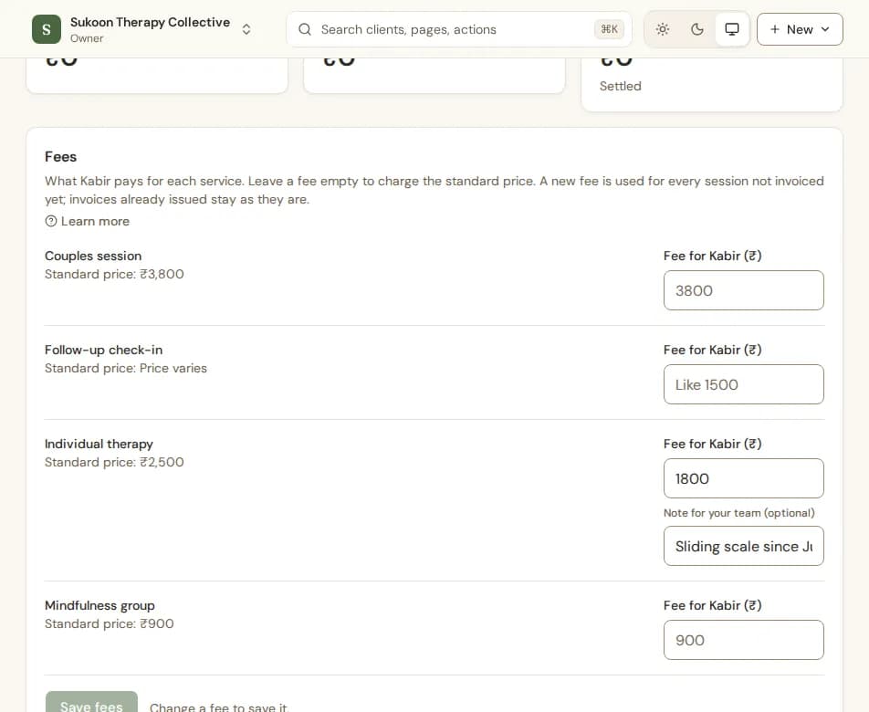 The Fees card on a client's Billing tab, with a fee typed for one service