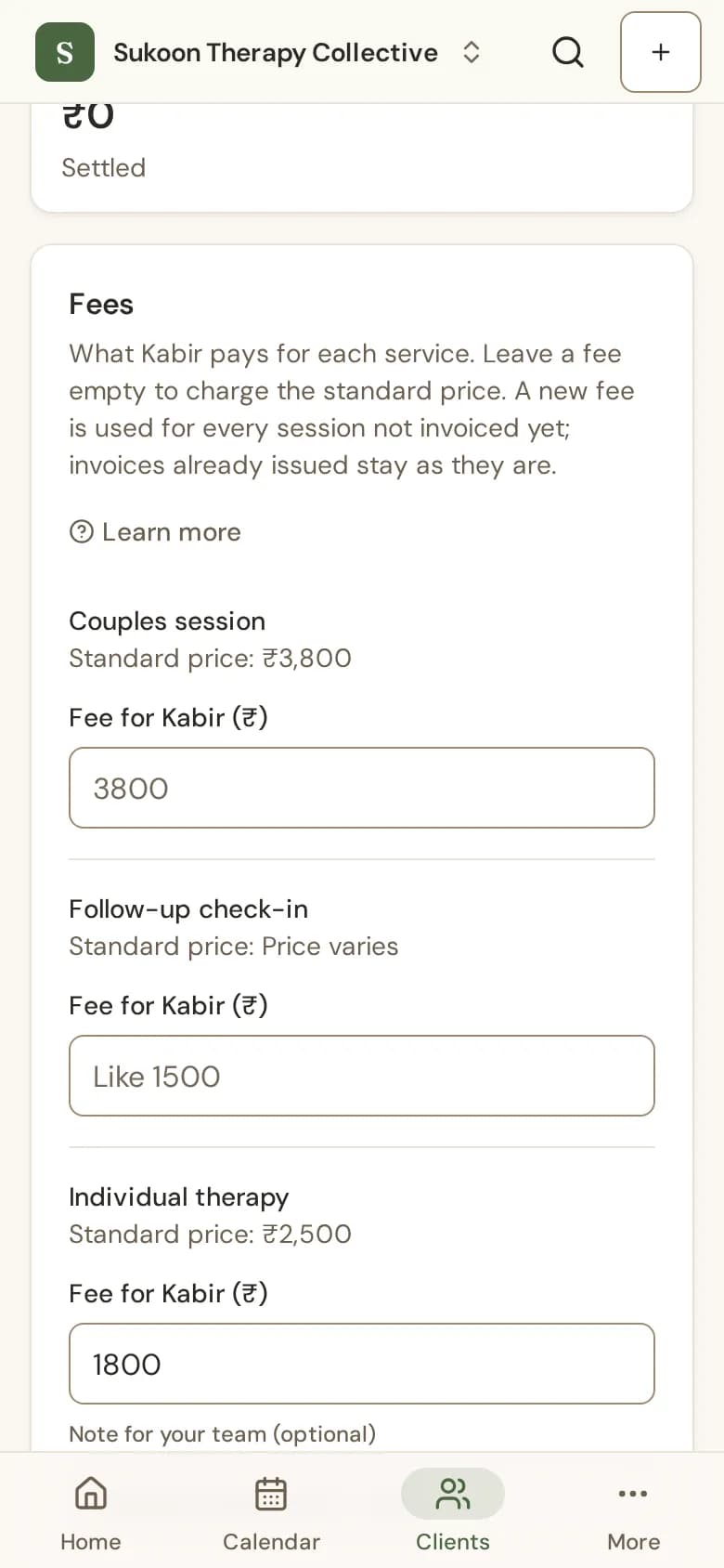The Fees card on a client's Billing tab, with a fee typed for one service