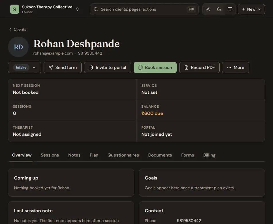 A client page with the header buttons, the facts row and the Overview tab