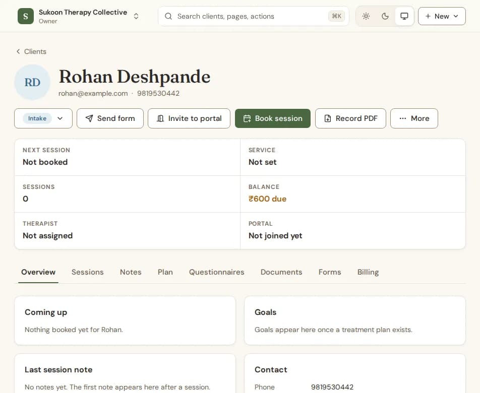 A client page with the header buttons, the facts row and the Overview tab