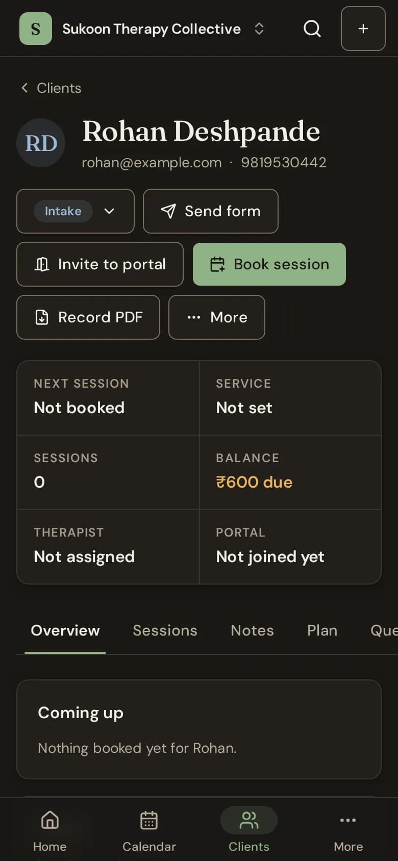 A client page with the header buttons, the facts row and the Overview tab