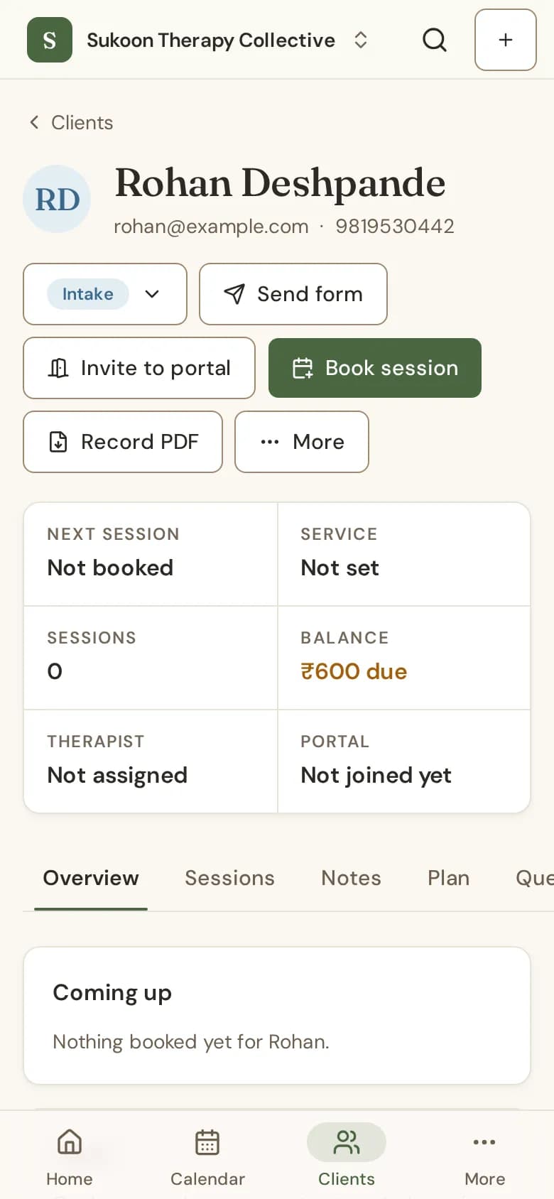 A client page with the header buttons, the facts row and the Overview tab