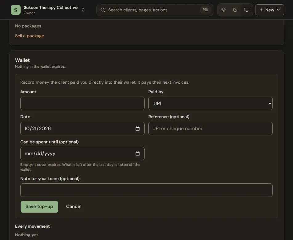 The Wallet card on a client's Billing tab with Top up