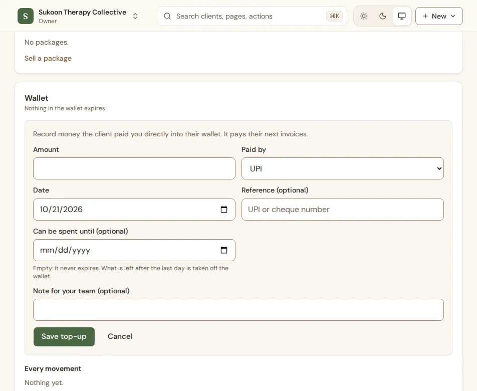 The Wallet card on a client's Billing tab with Top up