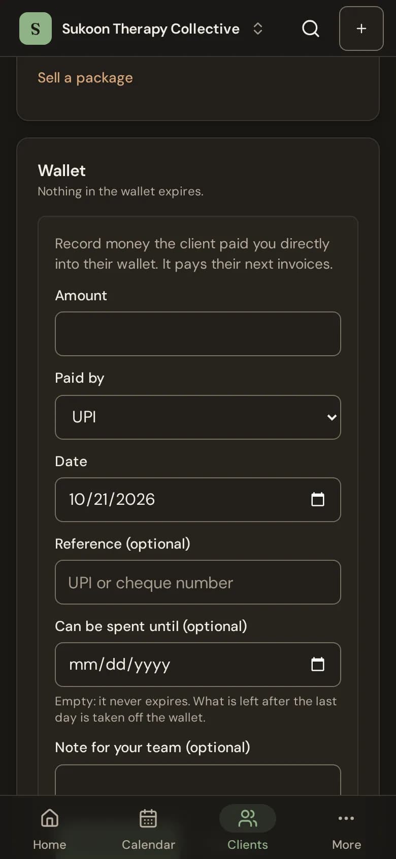 The Wallet card on a client's Billing tab with Top up