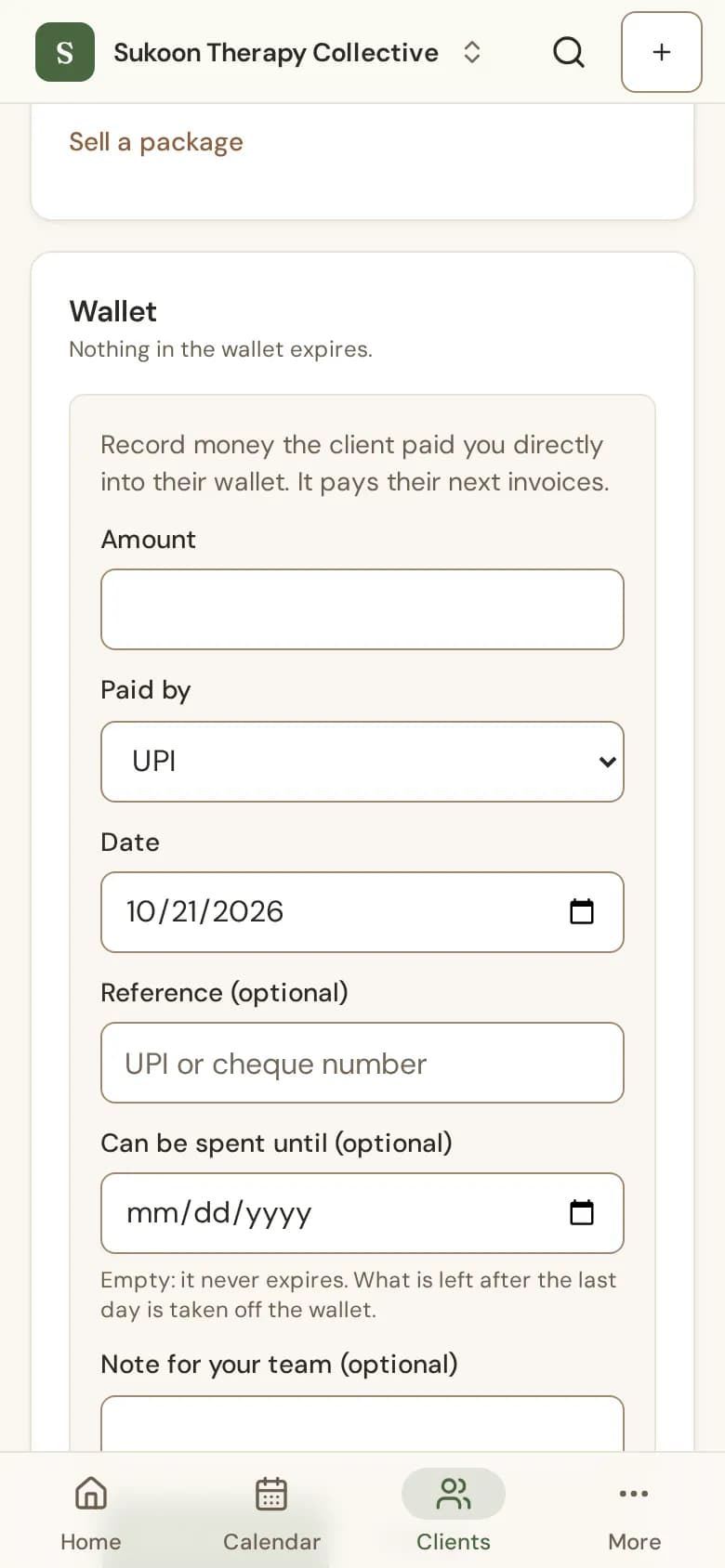 The Wallet card on a client's Billing tab with Top up