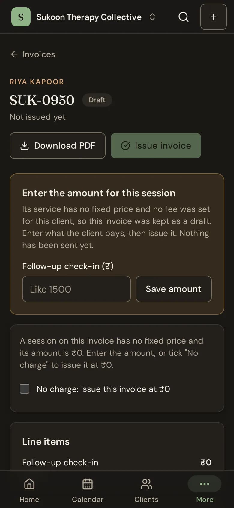 A draft invoice asking for the amount for its session
