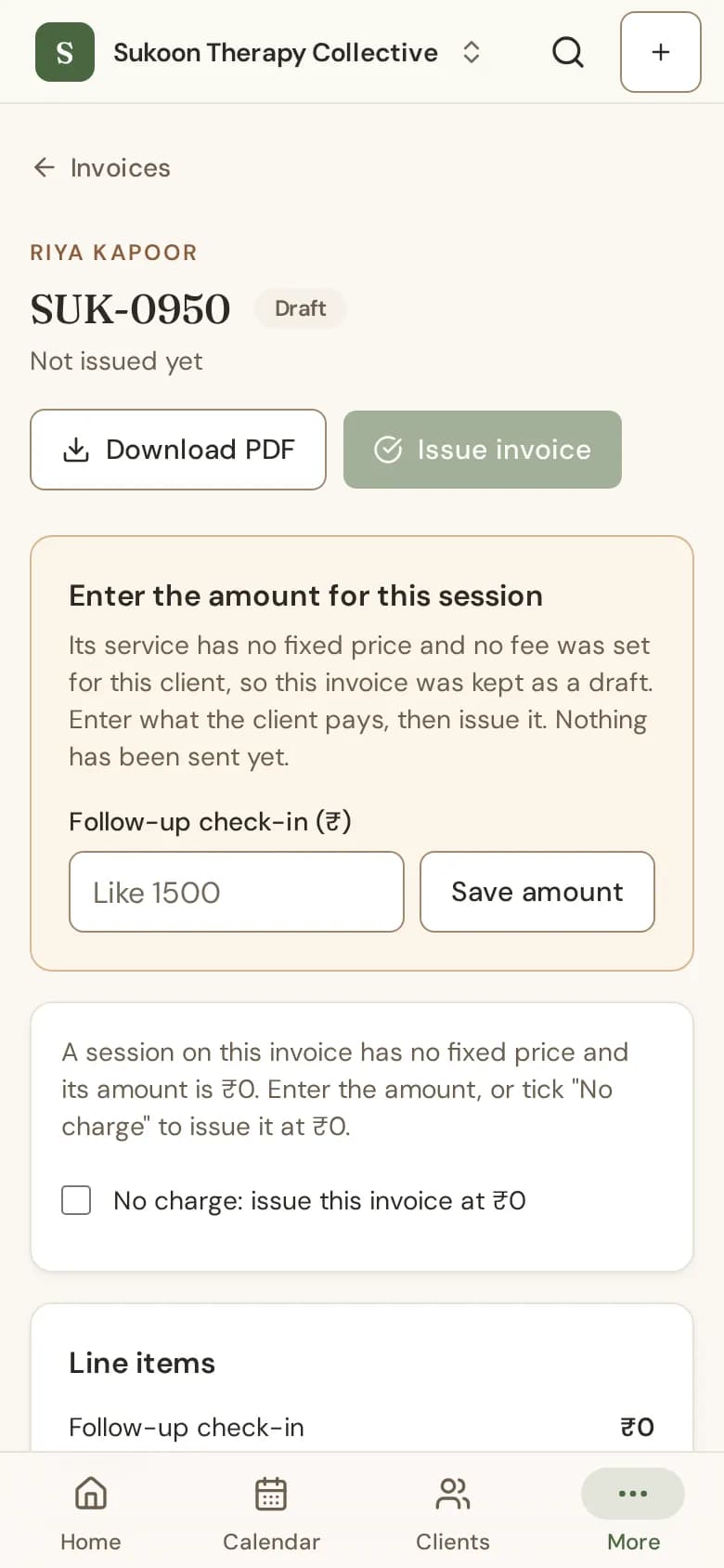 A draft invoice asking for the amount for its session