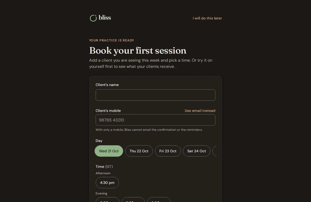 The "Book your first session" page with the client, day, time and place