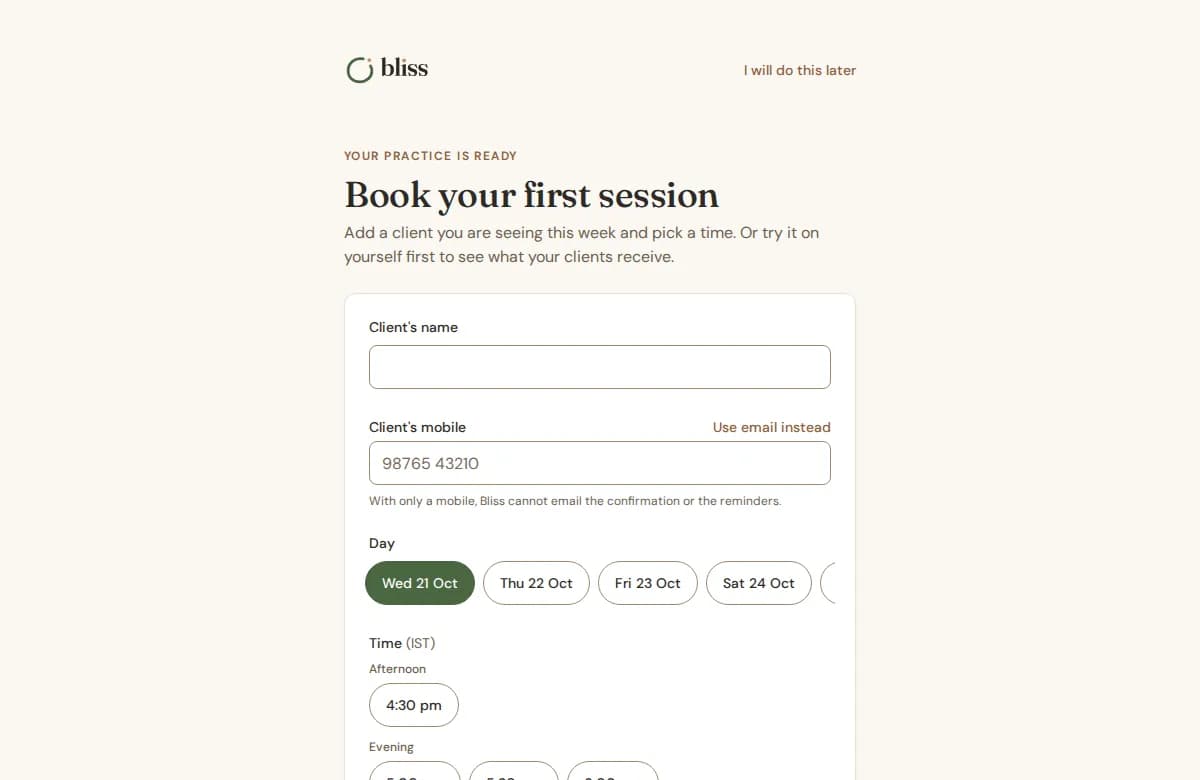 The "Book your first session" page with the client, day, time and place