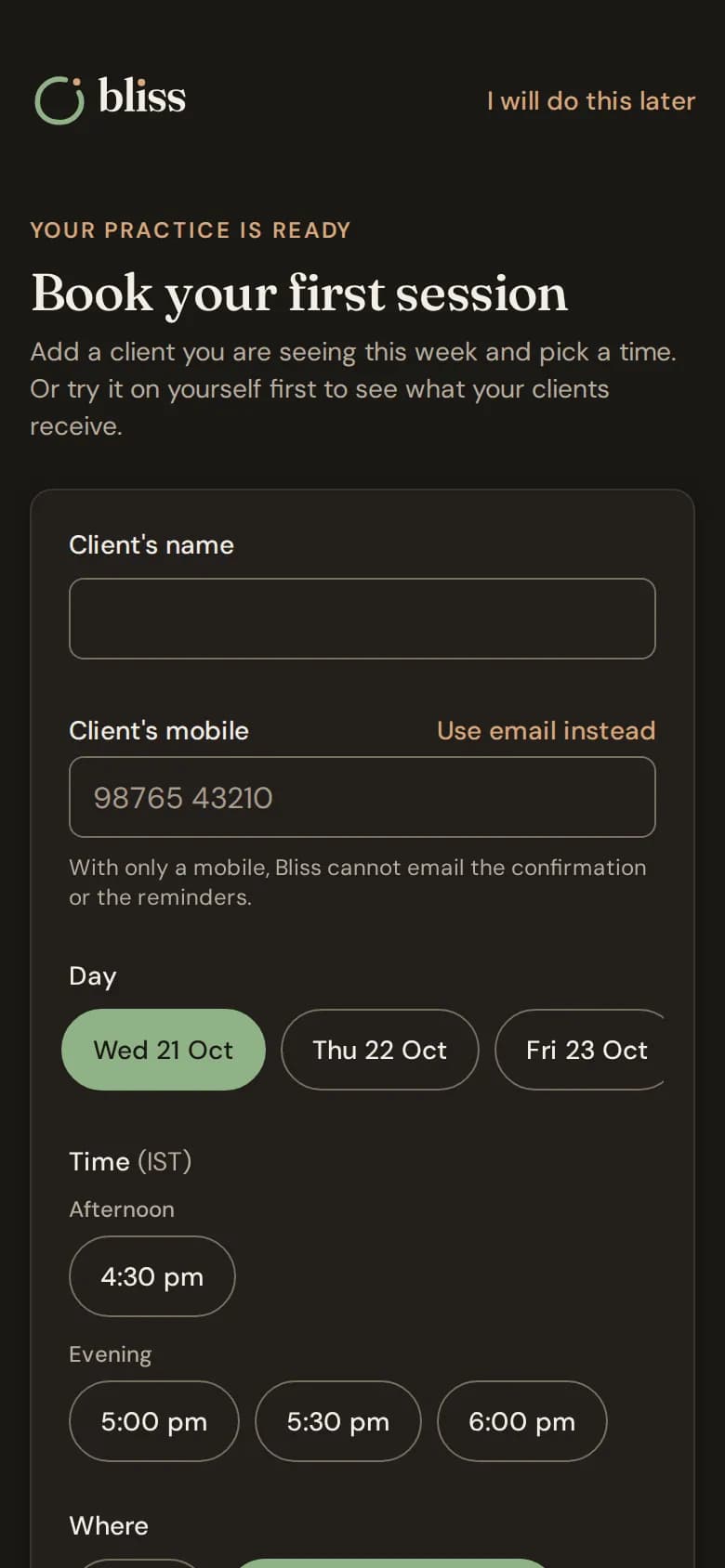 The "Book your first session" page with the client, day, time and place