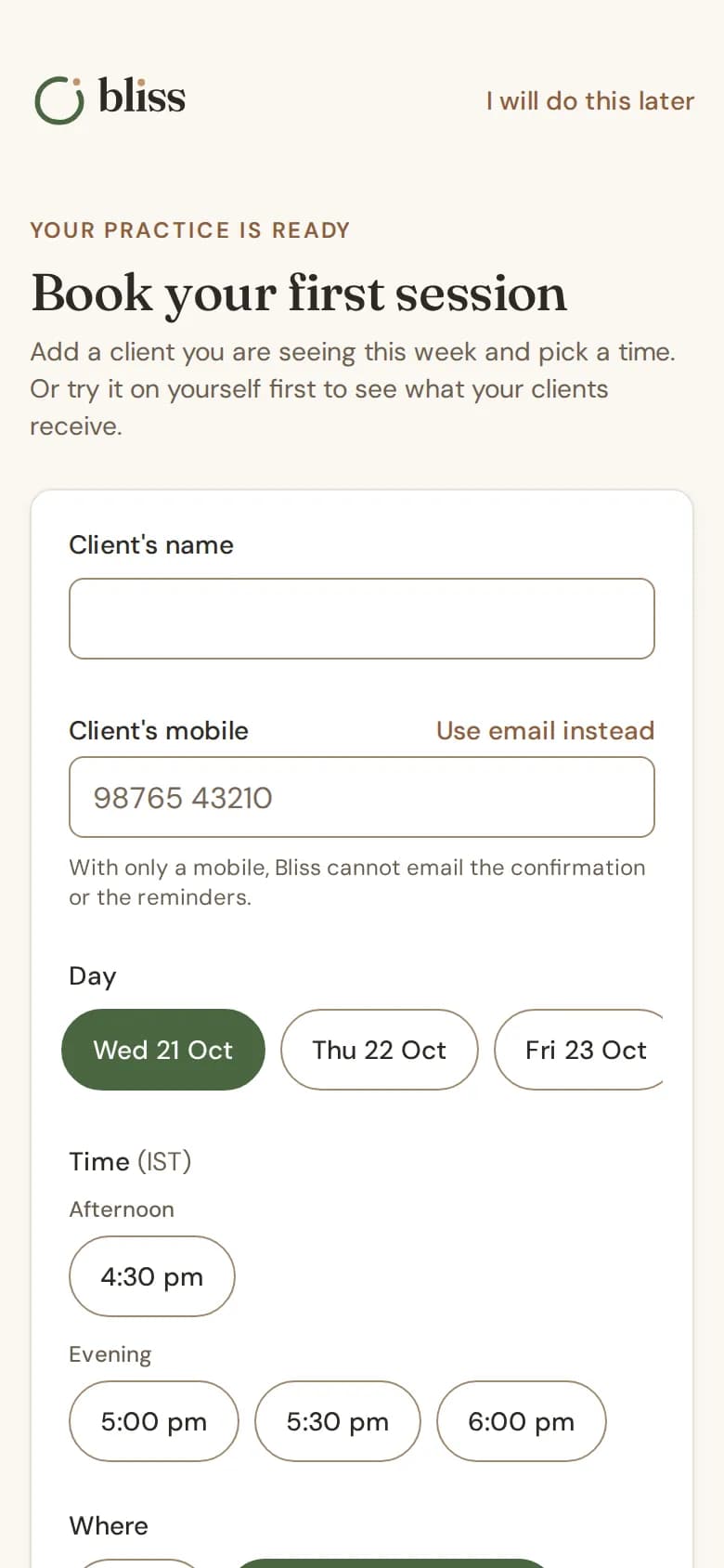 The "Book your first session" page with the client, day, time and place