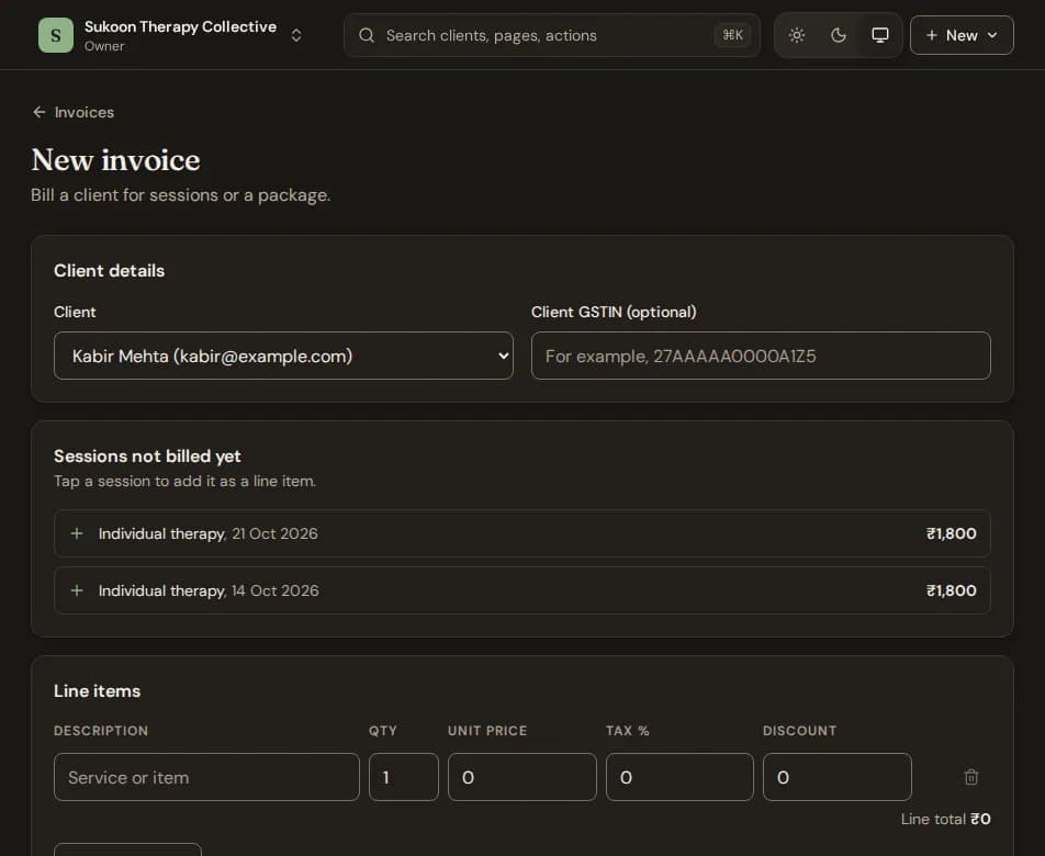 The New invoice form with the client, sessions not billed yet and line items