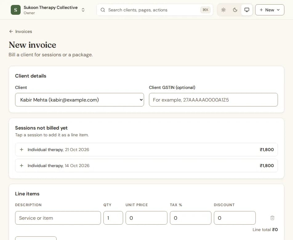 The New invoice form with the client, sessions not billed yet and line items