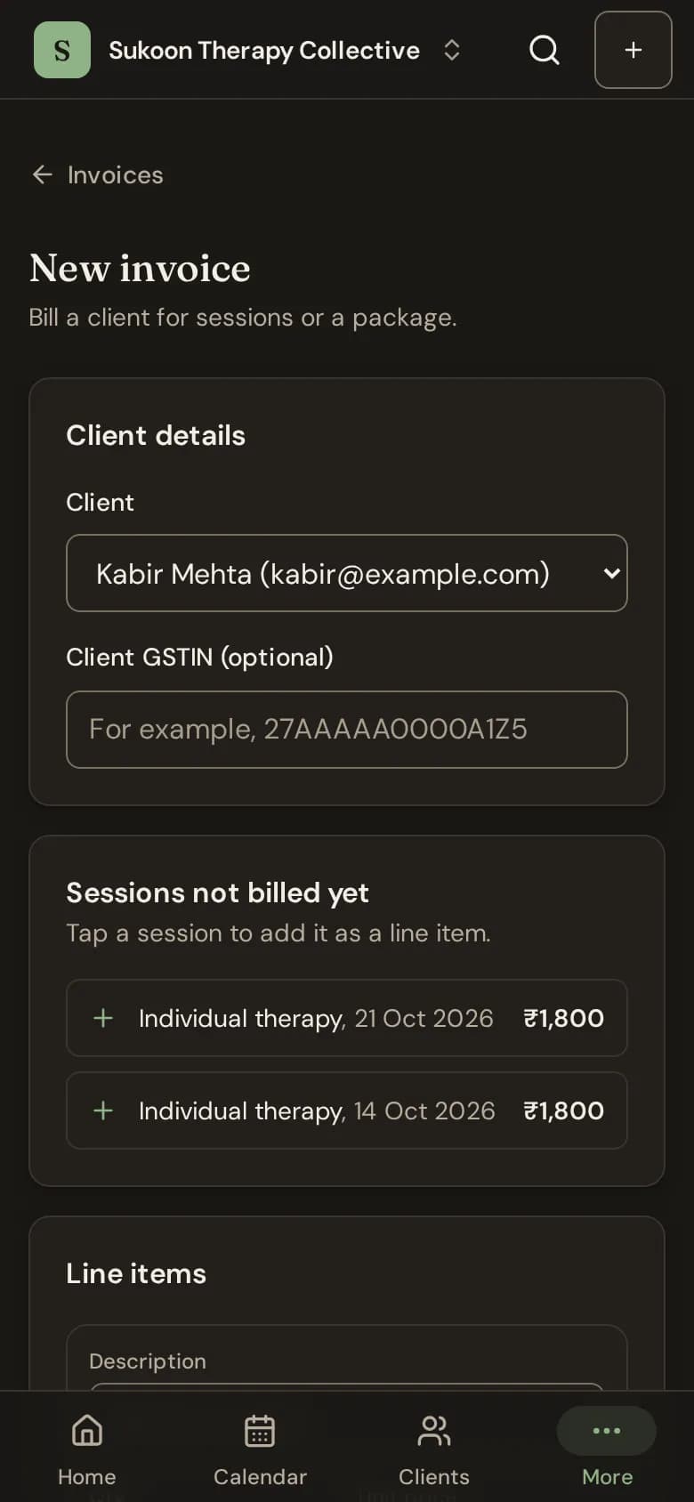 The New invoice form with the client, sessions not billed yet and line items