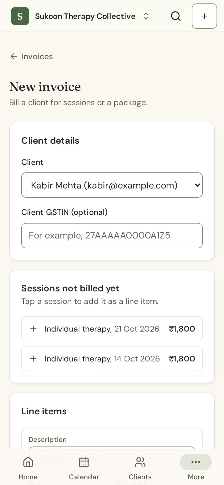 The New invoice form with the client, sessions not billed yet and line items