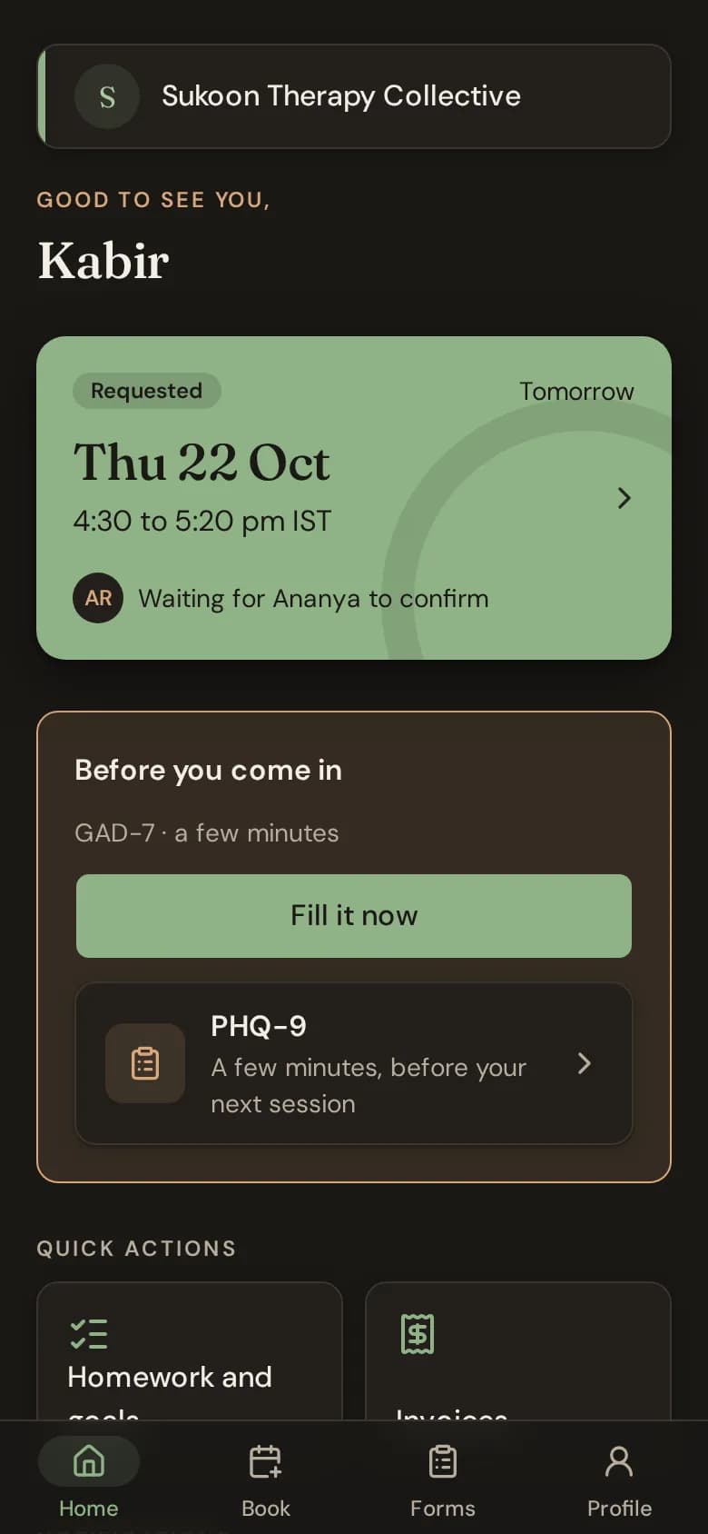 A client's portal home with their next session and quick actions