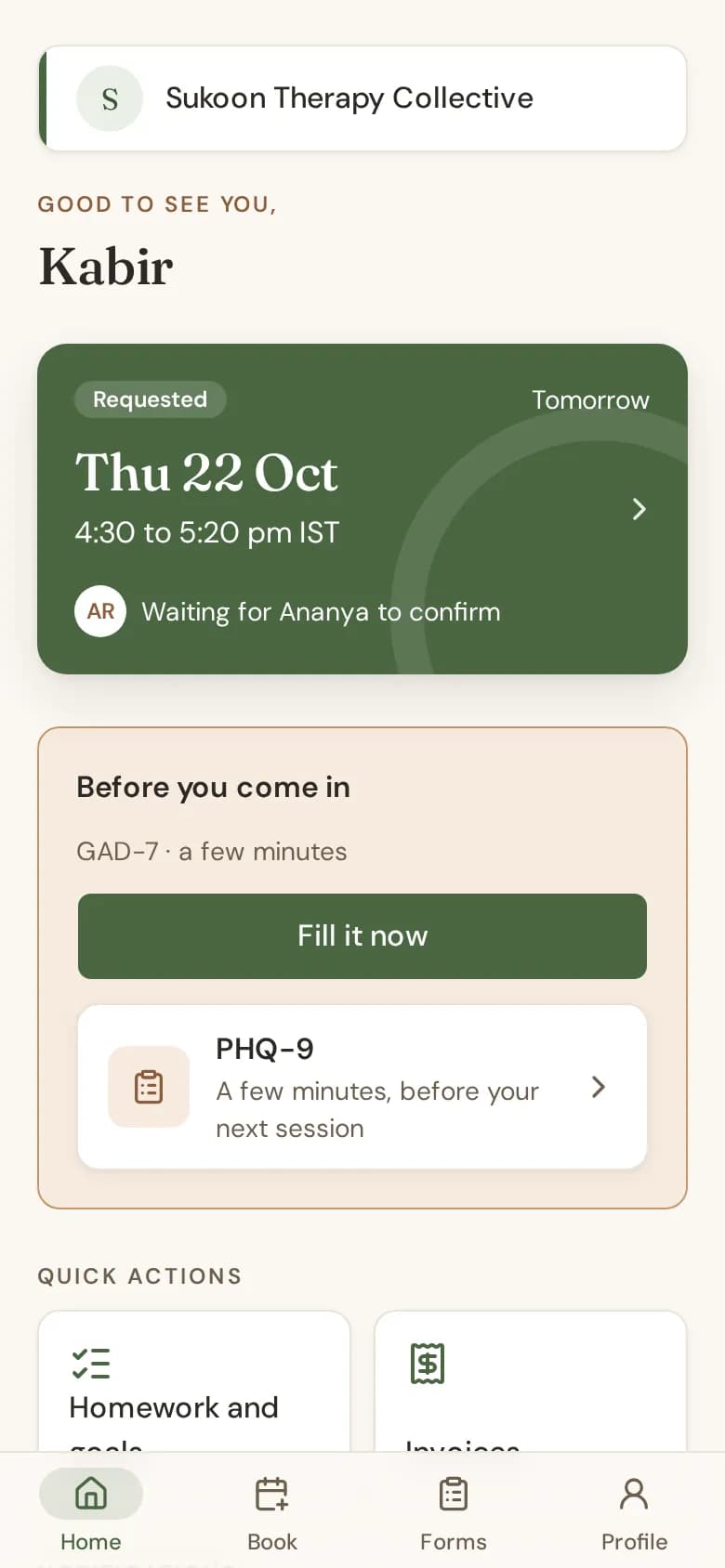 A client's portal home with their next session and quick actions