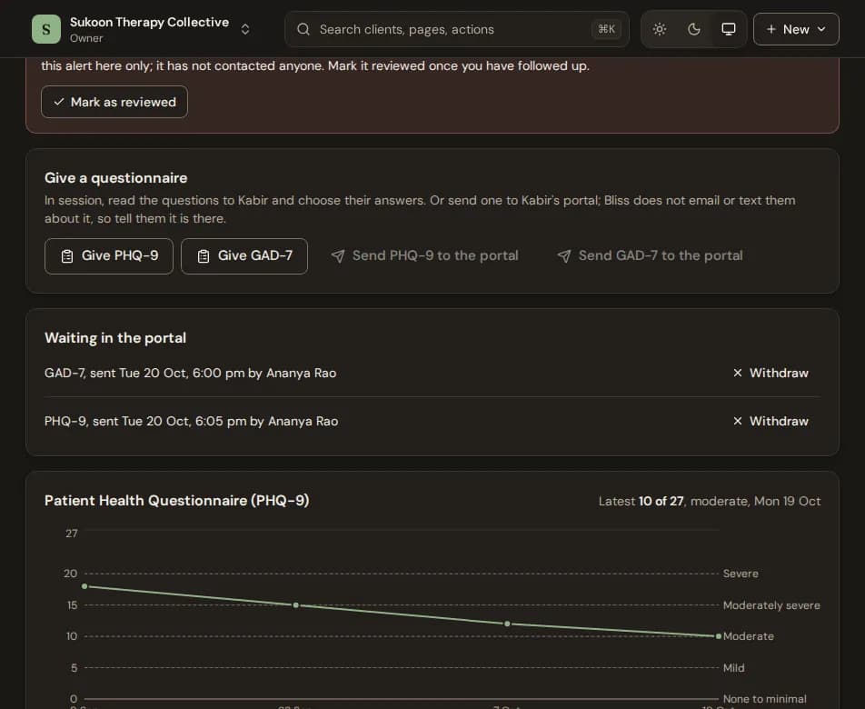 The Questionnaires tab with scores over time and questionnaires waiting in the portal