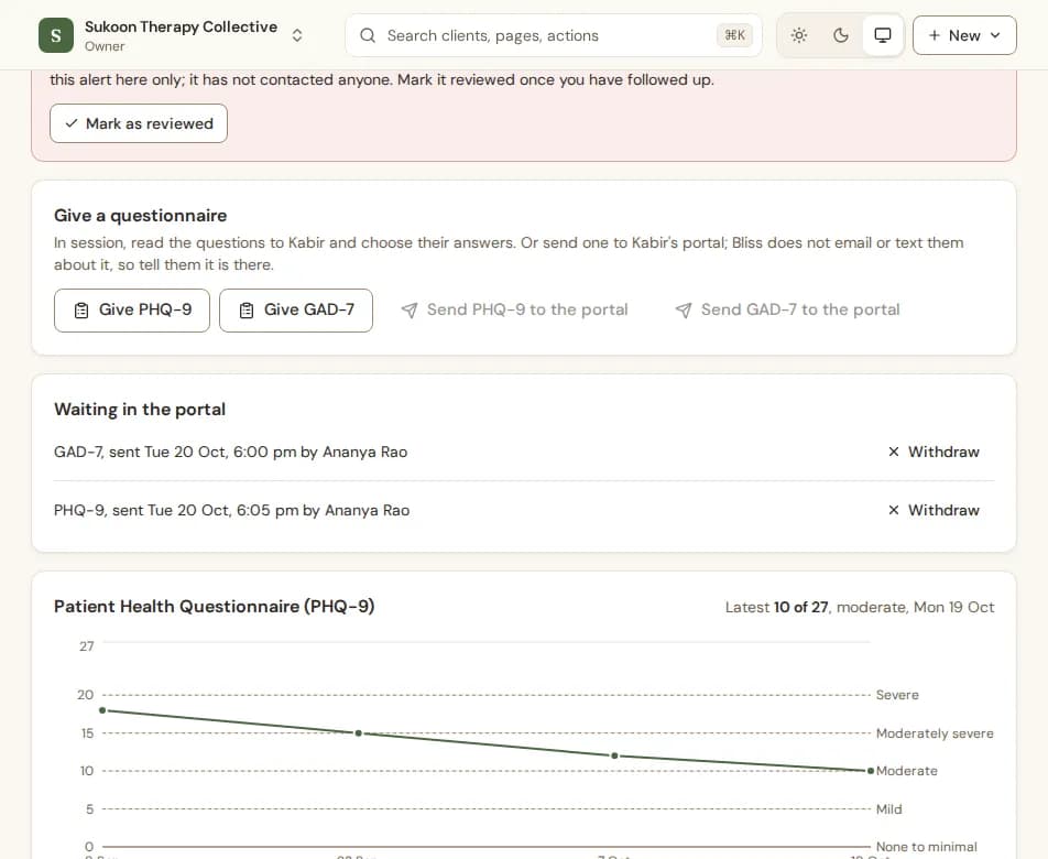 The Questionnaires tab with scores over time and questionnaires waiting in the portal