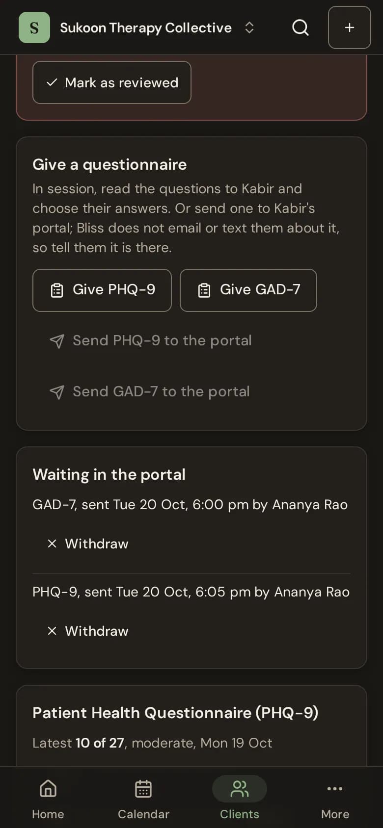 The Questionnaires tab with scores over time and questionnaires waiting in the portal