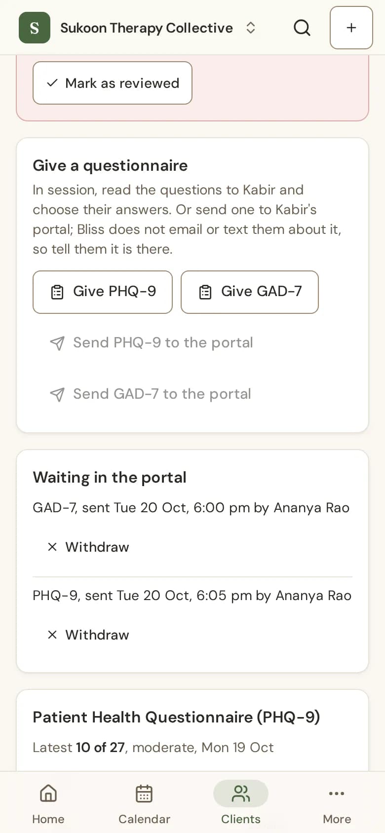 The Questionnaires tab with scores over time and questionnaires waiting in the portal