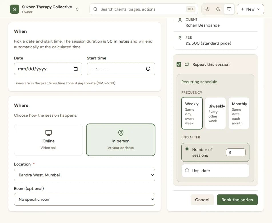 The Repeat this session options: frequency, end after and the first and last dates