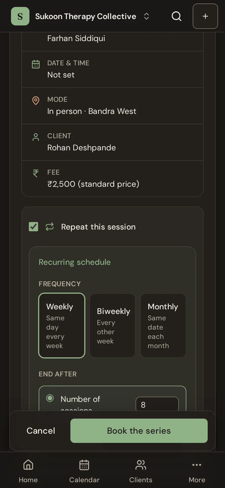 The Repeat this session options: frequency, end after and the first and last dates
