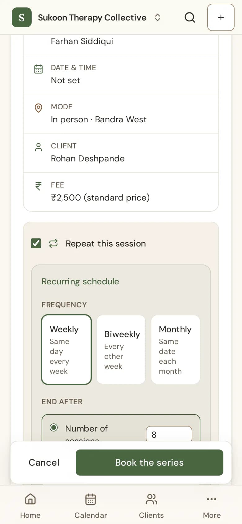 The Repeat this session options: frequency, end after and the first and last dates