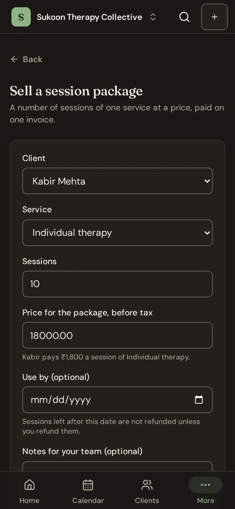 The Sell a session package form