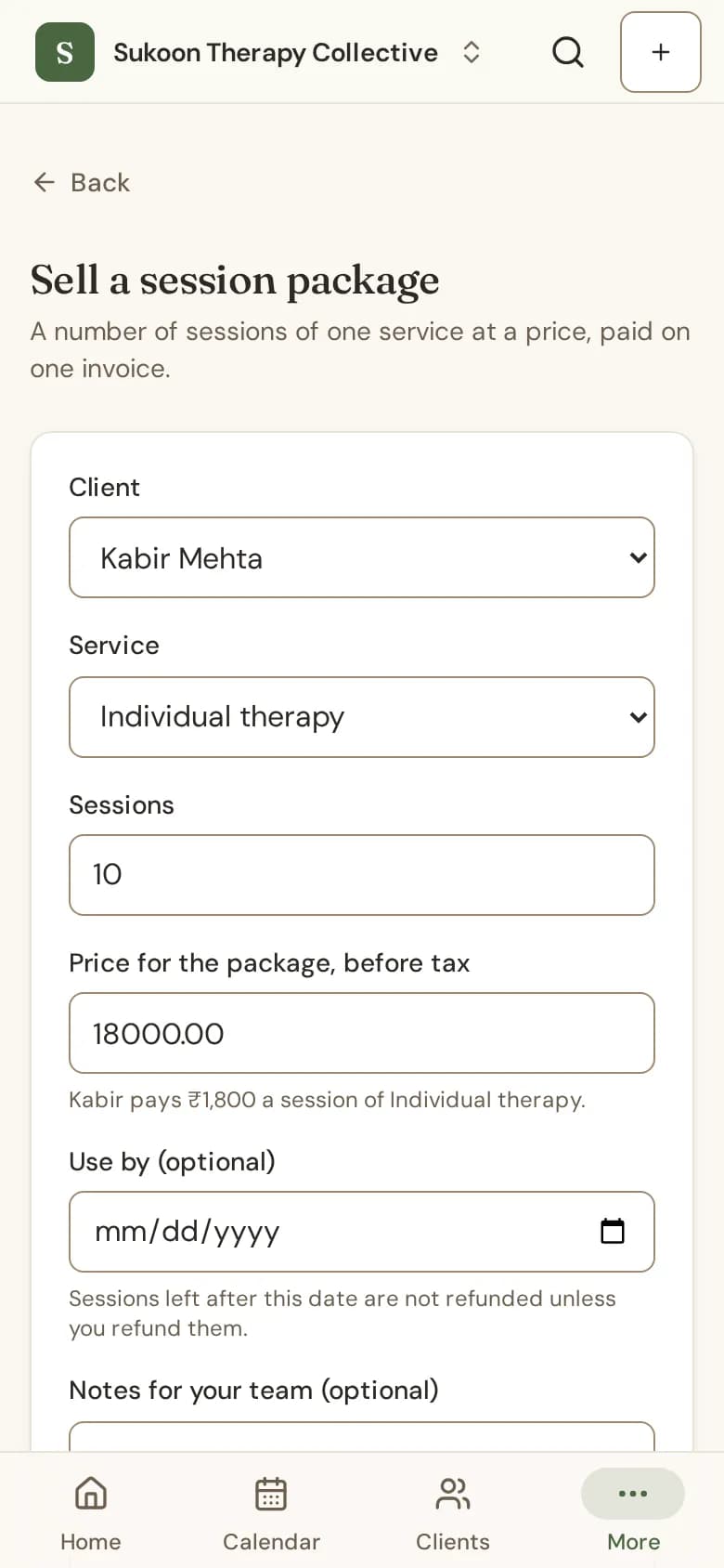 The Sell a session package form