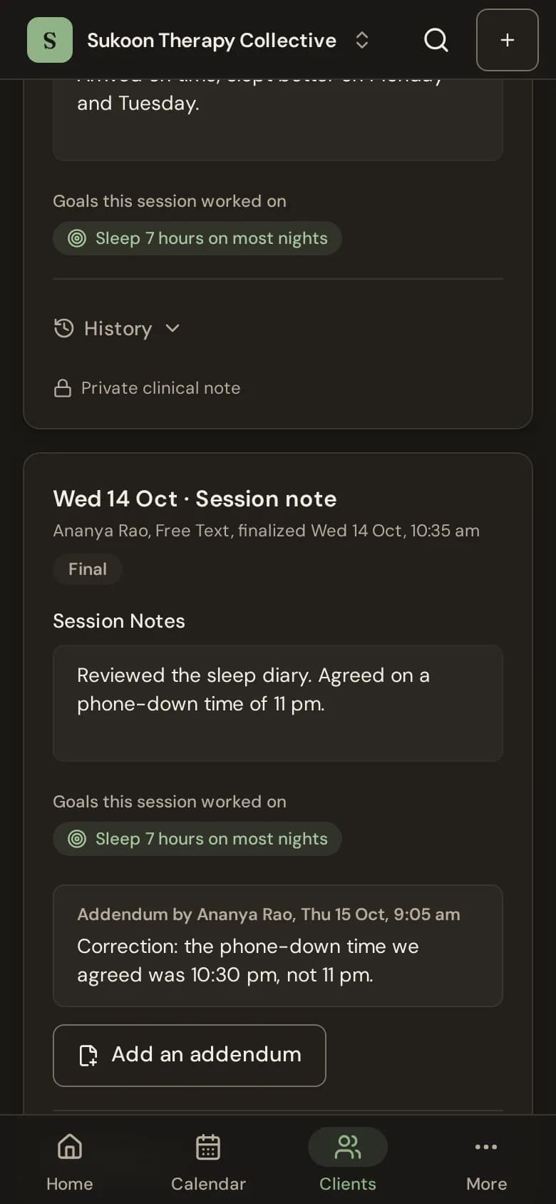 A session note being written, with the goals it worked on