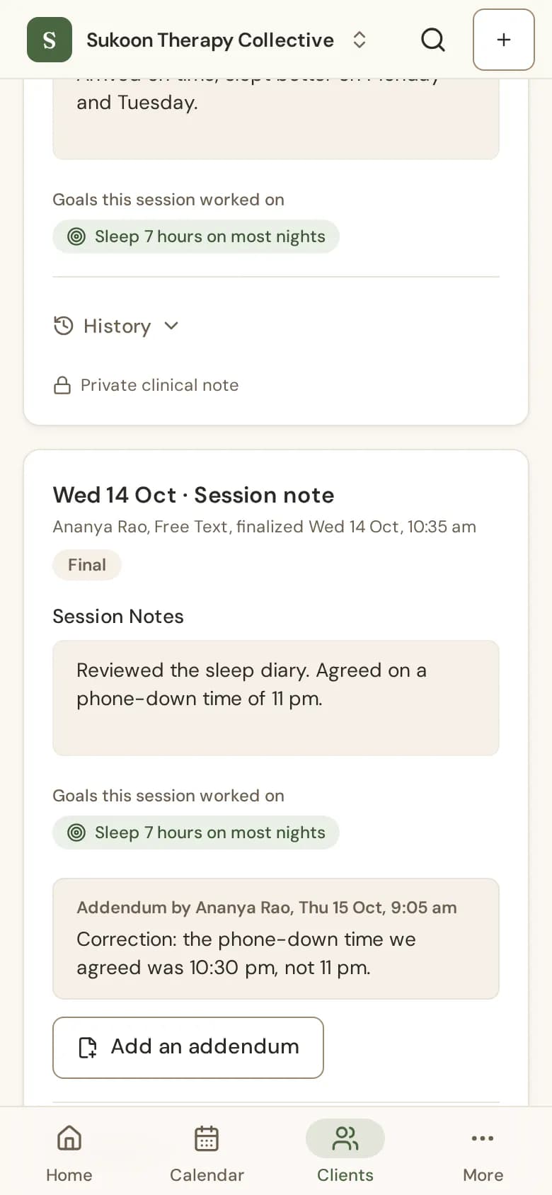 A session note being written, with the goals it worked on