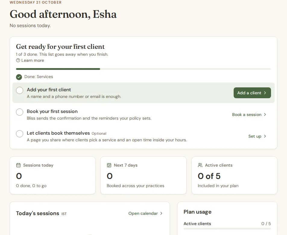 The "Get ready for your first client" card with one step done and the next steps to do