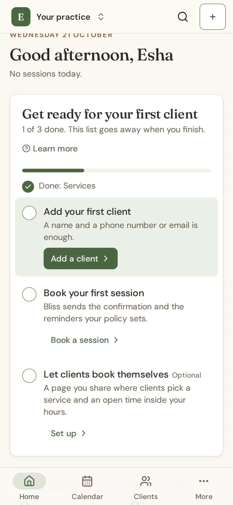 The "Get ready for your first client" card with one step done and the next steps to do
