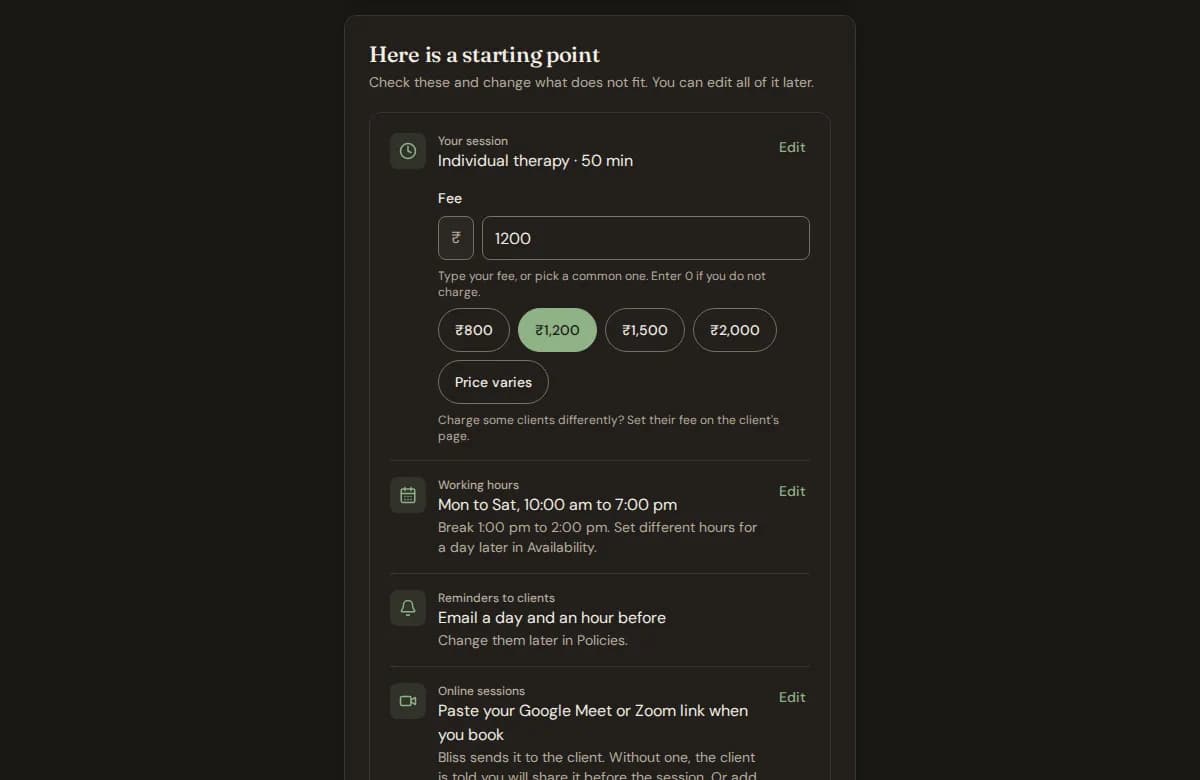 The "Here is a starting point" step, with the session, fee, working hours, reminders, online sessions and invoices