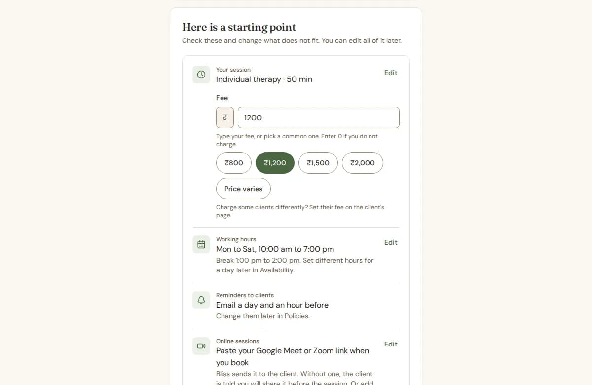 The "Here is a starting point" step, with the session, fee, working hours, reminders, online sessions and invoices