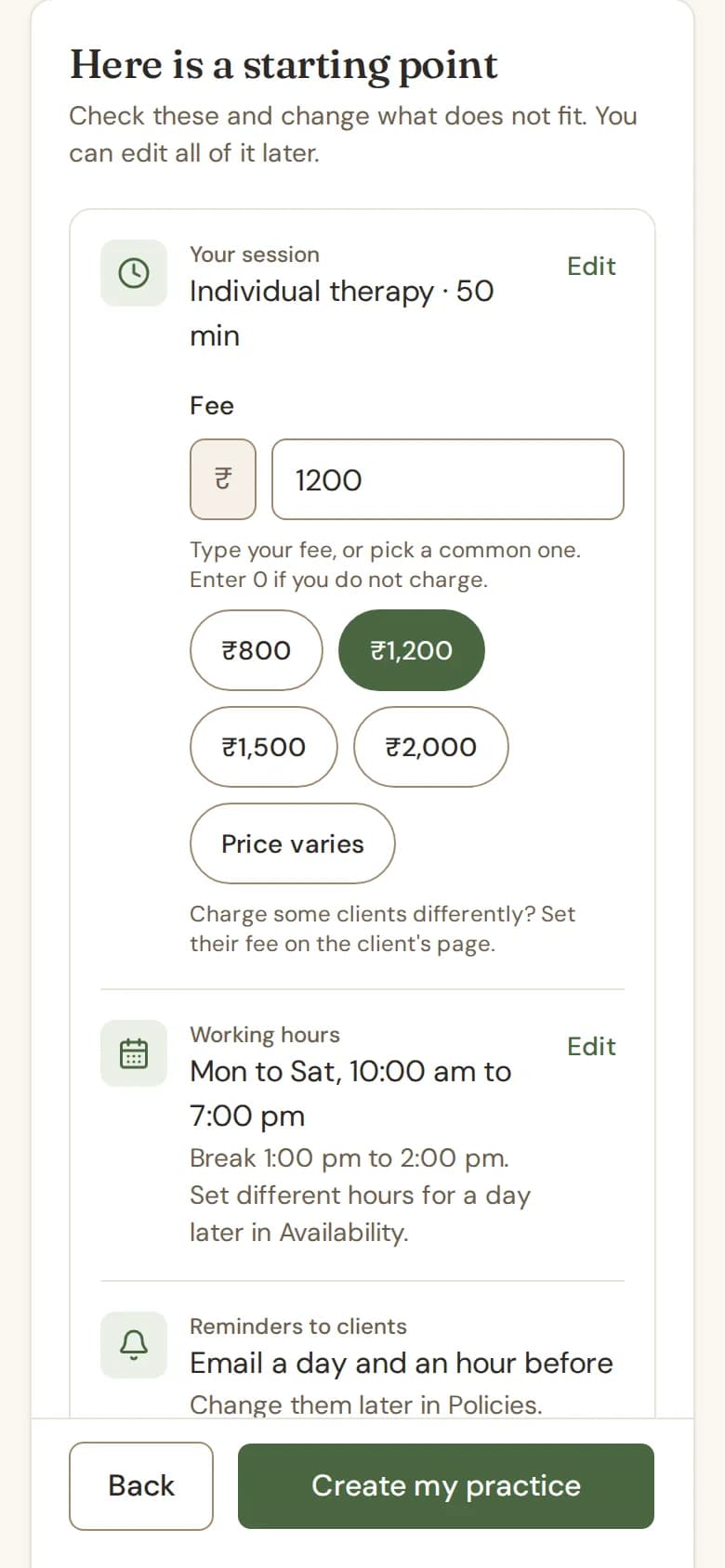 The "Here is a starting point" step, with the session, fee, working hours, reminders, online sessions and invoices