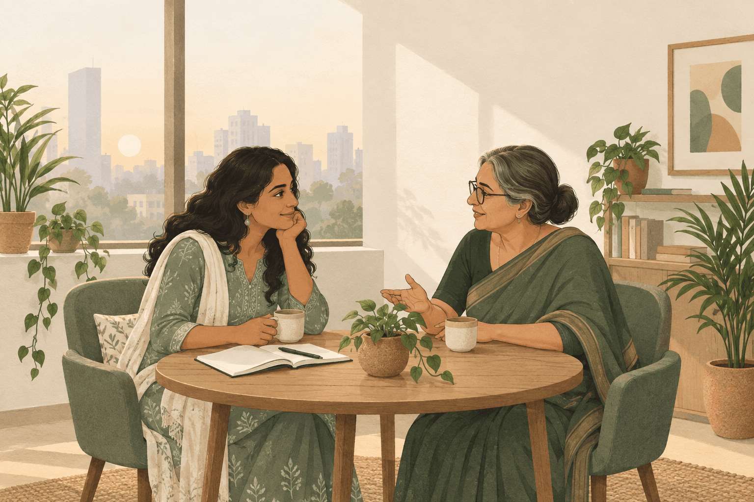 Two therapists talking over cups of chai at a table by a window, one with an open notebook