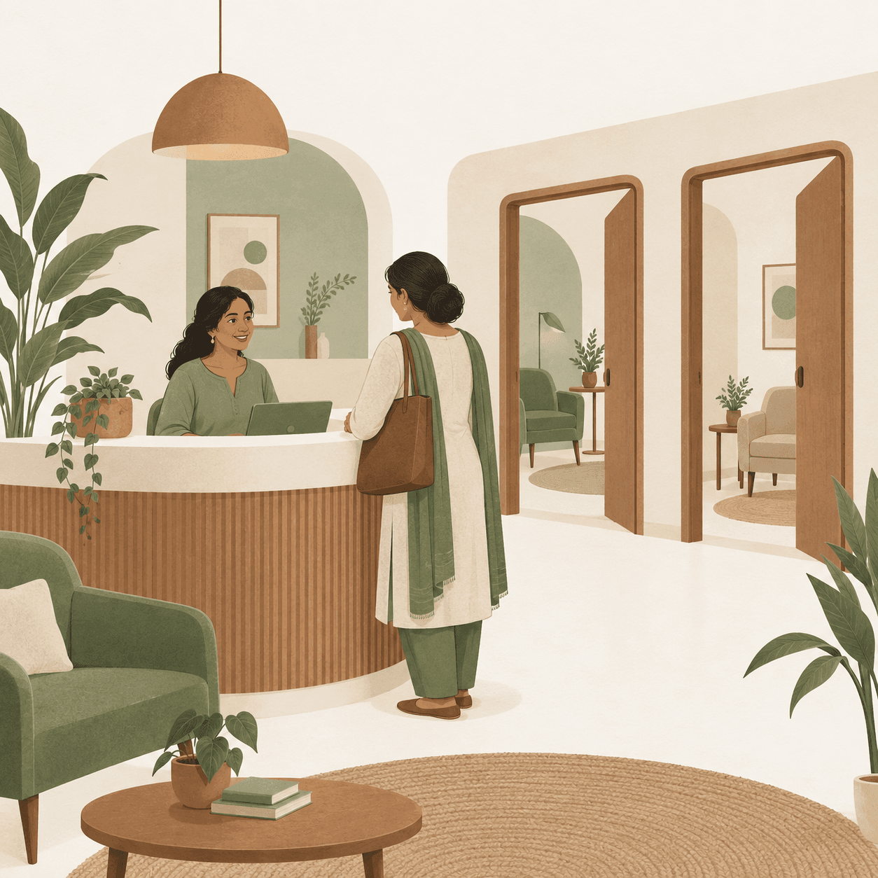 A clinic reception with a receptionist welcoming a client, therapy rooms behind
